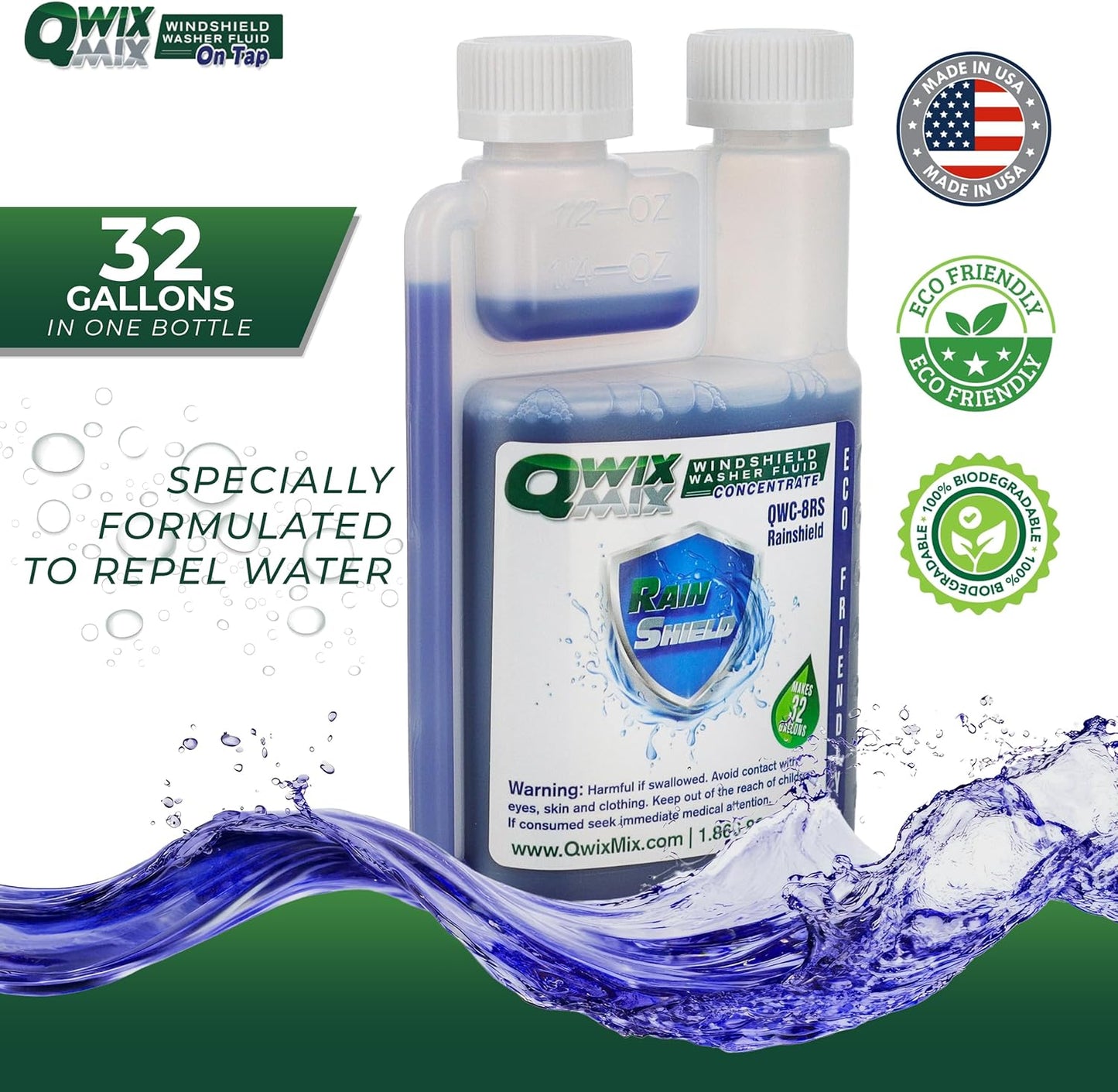 Qwix Mix Rain Shield Windshield Washer Fluid Concentrate, 1 Bottle makes 32 Gallons– Repels Rain