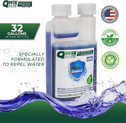 Qwix Mix Rain Shield Windshield Washer Fluid Concentrate, 1 Bottle makes 32 Gallons– Repels Rain
