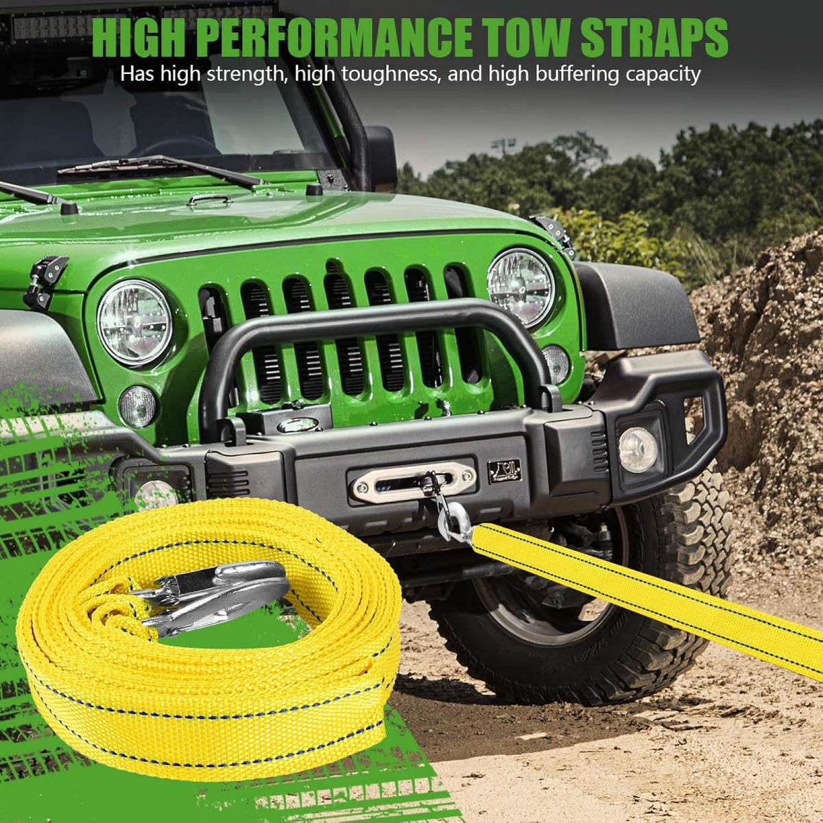 Tow Strap with Hooks Heavy Duty Car Vehicle Emergency Recovery Rope Boat Trailer Winch Strap 13'x1.8 Max 10,000lbs Capacity for Towing Vehicles Jet Ski ATV Pontoon Wave Runner Accessories