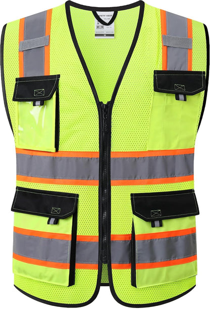 JKSafety Hi Vis Reflective Safety Vests for Men Women High Visibility Vest with Pockets Mesh Fabric Construction Safety Apparel Neon Vest for Work (220-Black L)