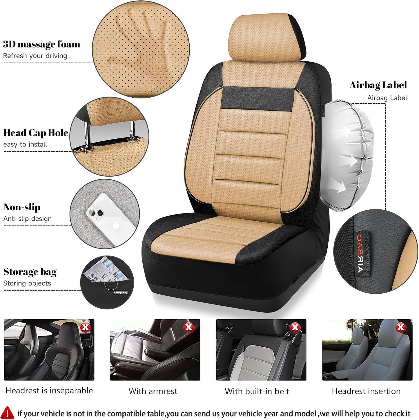 CAR PASS Faux Leather Car Seat Covers Front Seats Only, 3D Foam Support Car Seat Covers, Universal fit for Trucks Vans SUVs Sedans Automotive Comfortable, Airbag Compatible 2 Pieces Front Solid Black
