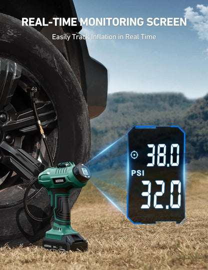 AstroAI Cordless Tire Inflator Portable Air Compressor Fast Inflation 160 PSI Air Pump 20V Rechargeable Battery Powered with 12V DC Adapter Digital Pressure Gauge for Cars Motorcycles Bikes Yellow