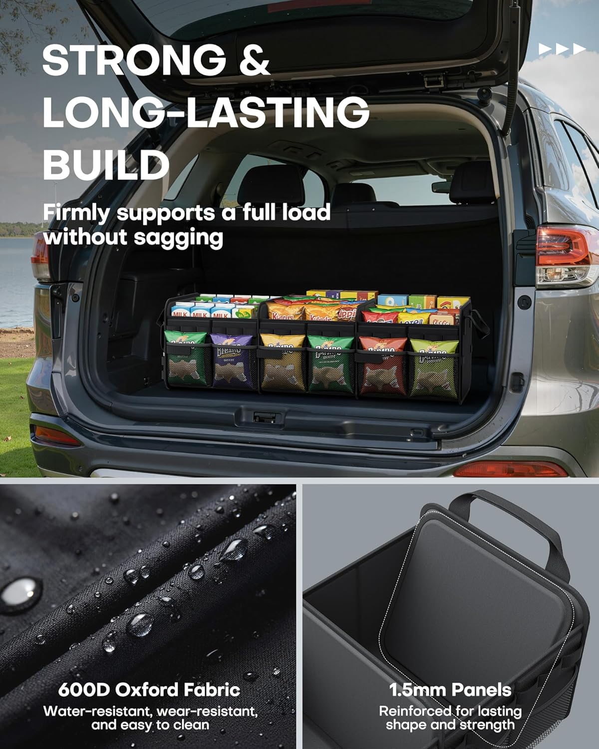 HOTOR Tactical Car Trunk Organizer - Foldable Trunk Organizer for SUV with Front MOLLE Pocket & Reflective Strips, Essential Car Accessories for Tools & Outdoor Storage, 12.8" x 21.7" x 11.0", Black