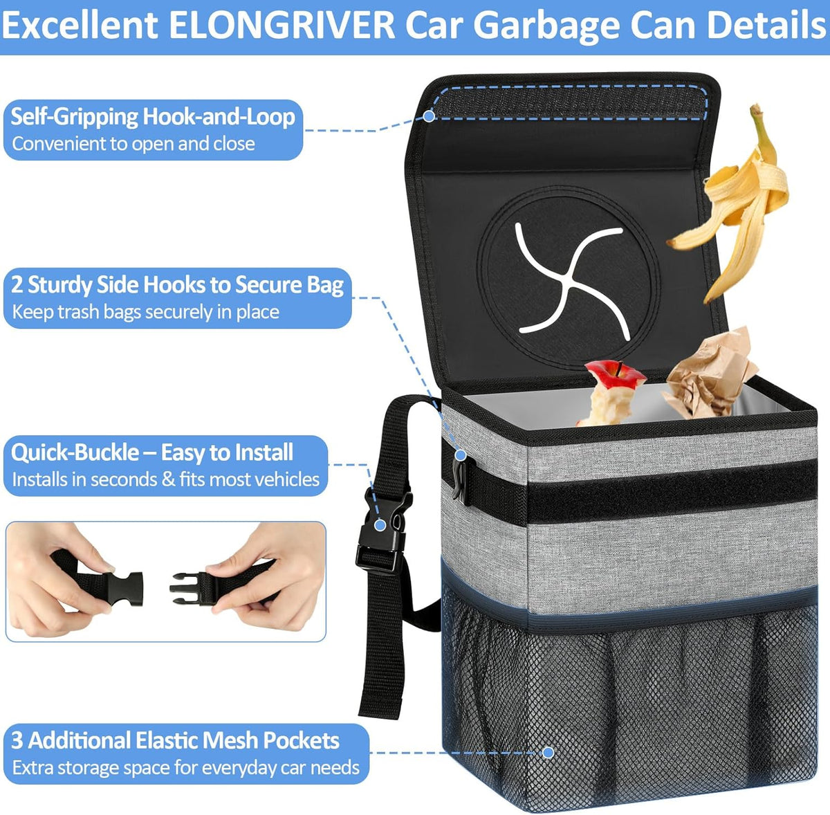 ELONGRIVER Car Trash Can Bin for Back Seat Leak Proof, Cute Car Trash Bag Hanging, Vehicle Trash Can for SUV Truck Van, Automotive Garbage Cans Front Seat Black