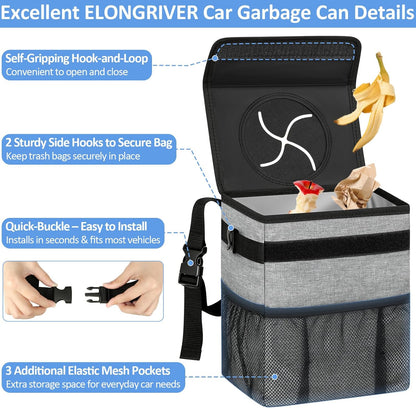 ELONGRIVER Car Trash Can Bin for Back Seat Leak Proof, Cute Car Trash Bag Hanging, Vehicle Trash Can for SUV Truck Van, Automotive Garbage Cans Front Seat Black