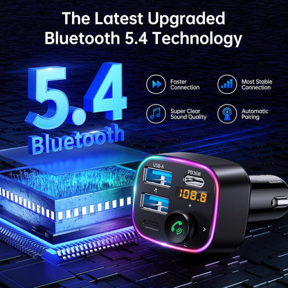 Syncwire Bluetooth 5.4 FM Transmitter Car Adapter 48W (PD 36W & 12W) [Light Switch] [HiFi Bass Sound] [Fast Charging] Wireless Radio Music Adapter LED Display Hands-Free Calling Support USB Drive