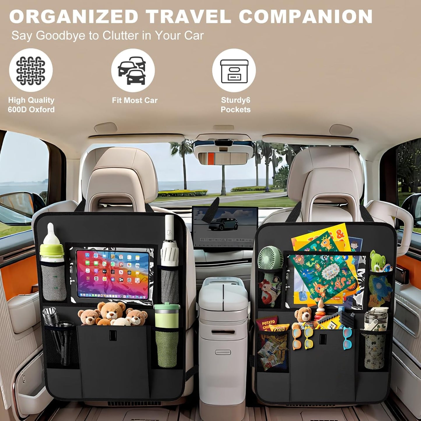 Car Backseat Organizer with Tablet Holder, 6 Storage Pockets Seat Back Protectors Kick Mats for Kids, Car Seat Protector for Road Trips 2 Pack (Black)