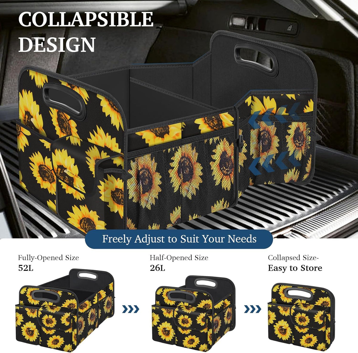 Femuar Car Trunk Organizer with Large Capacity Waterproof Car Accessories for Women & Men, Collapsible Trunk Organizer for Suv/Jeep/Sedan,Tools (Black, Standard)