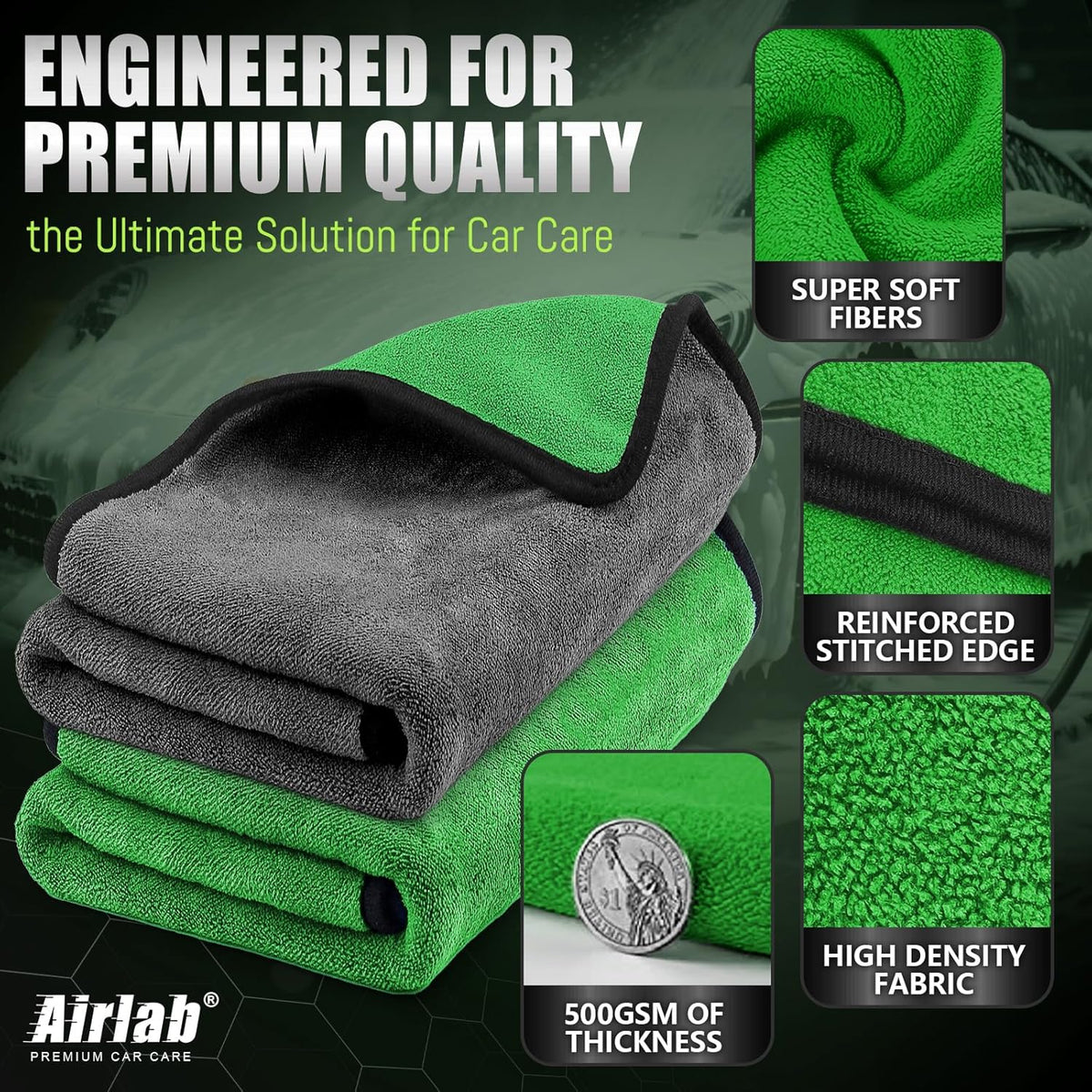 Airlab Microfiber Towels for Cars Wash Drying Thick Plush Cleaning Cloth Auto Detailing Super Absorbent for Interior & Exterior Lint Free, Streak Free, 16" X 16", 800 GSM, Pack of 4