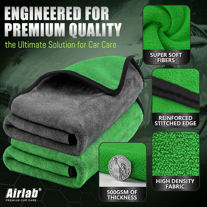 Airlab Microfiber Towels for Cars Wash Drying Thick Plush Cleaning Cloth Auto Detailing Super Absorbent for Interior & Exterior Lint Free, Streak Free, 16" X 16", 800 GSM, Pack of 4