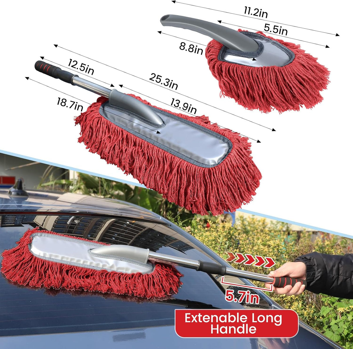 IPELY 2 Pack Large Car Duster Exterior Scratch Free with Extendable Handle and Car Duster Interior, Wax Cotton Hair Dusters (Red)