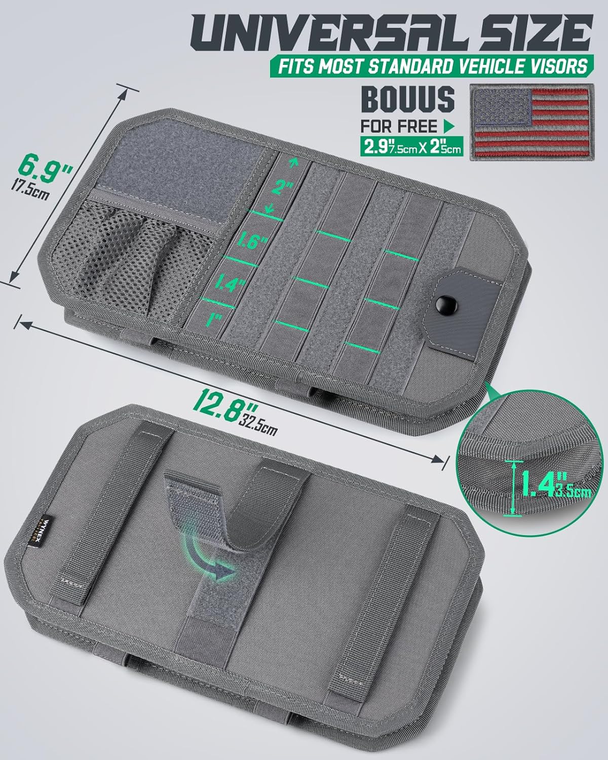 LIVANS Tactical Car Sun Visor Organizer, Auto Accessories Semi-Rigid Molle Panel with Zipper Storage Pouch & Glasses Holder, Gift for Car Gear, Fit Cars, Trucks, Suvs, Jeeps & Patrols (Gray)