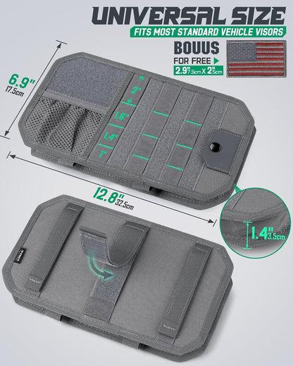LIVANS Tactical Car Sun Visor Organizer, Auto Accessories Semi-Rigid Molle Panel with Zipper Storage Pouch & Glasses Holder, Gift for Car Gear, Fit Cars, Trucks, Suvs, Jeeps & Patrols (Gray)