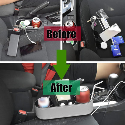 IOKONE Car Cup Holder, Auto Cup Drink Holders，Multifunctional Auto Front Seat Organizer with PU Leather Cover, Gap Filler Storage Box Coin Bucket Console Side Pocket Cell Mobile Phone Holder (Black)
