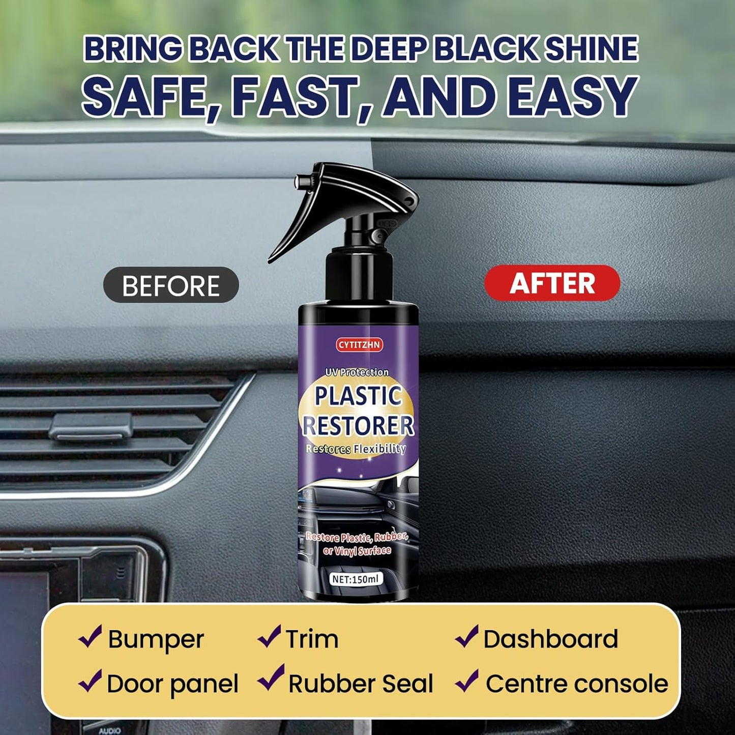Black Plastic Restorer for Cars - Ceramic Trim Coating Restores Faded Black Trim, Vinyl & Rubber | UV Protection & Deep Shine Polish | Long-Lasting Flexibility Renewal (5oz/150ml)