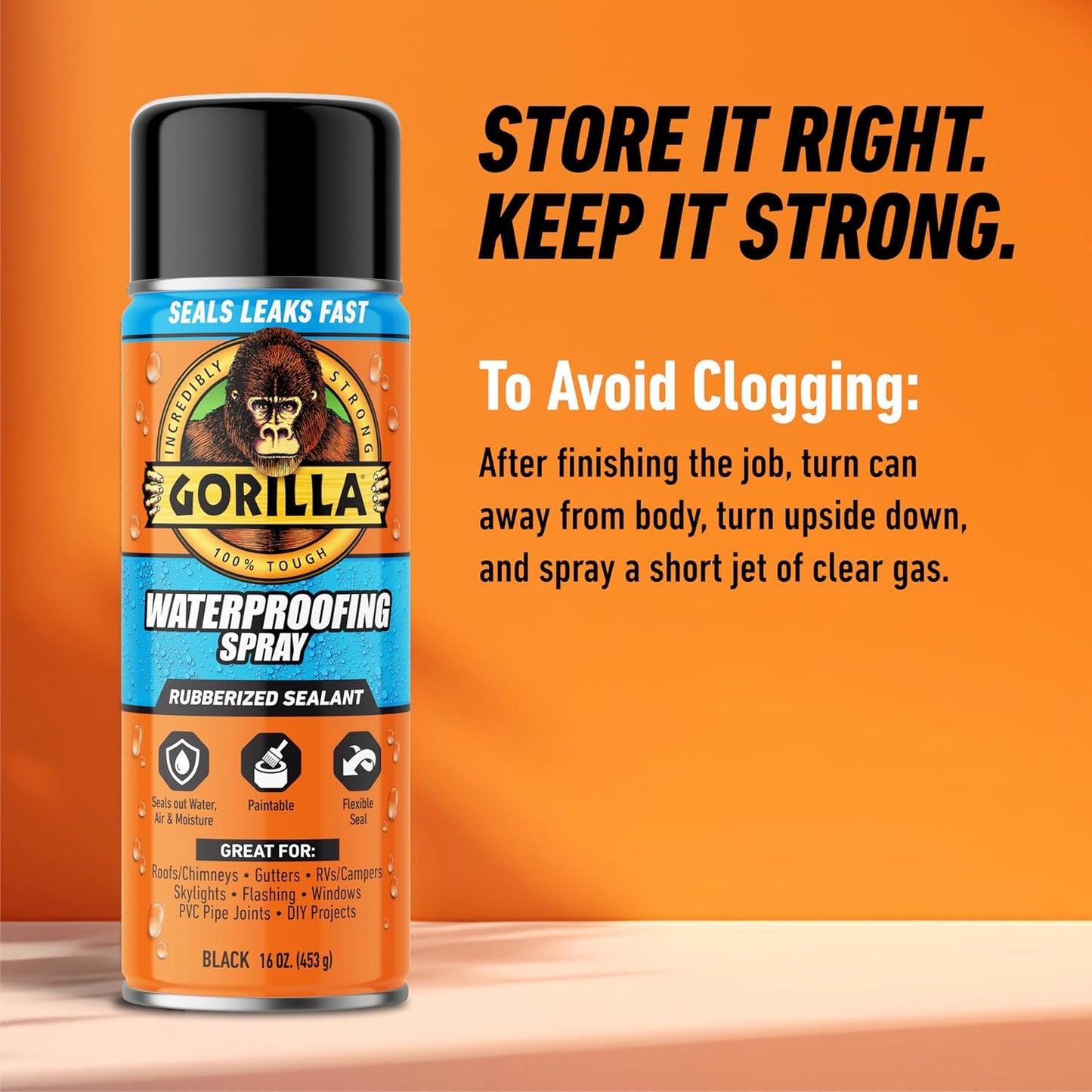 Gorilla Waterproofing Spray Clear, Flexible Rubberized Sealant Coating, Paintable UV Resistant, Seals Water Air Moisture, 14 oz (Pack of 1), for Roofs Gutters Skylights RVs Windows & More