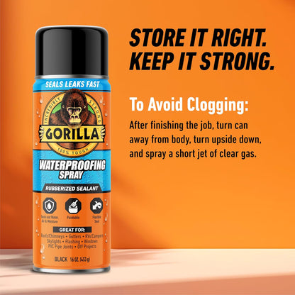Gorilla Waterproofing Spray Clear, Flexible Rubberized Sealant Coating, Paintable UV Resistant, Seals Water Air Moisture, 14 oz (Pack of 1), for Roofs Gutters Skylights RVs Windows & More