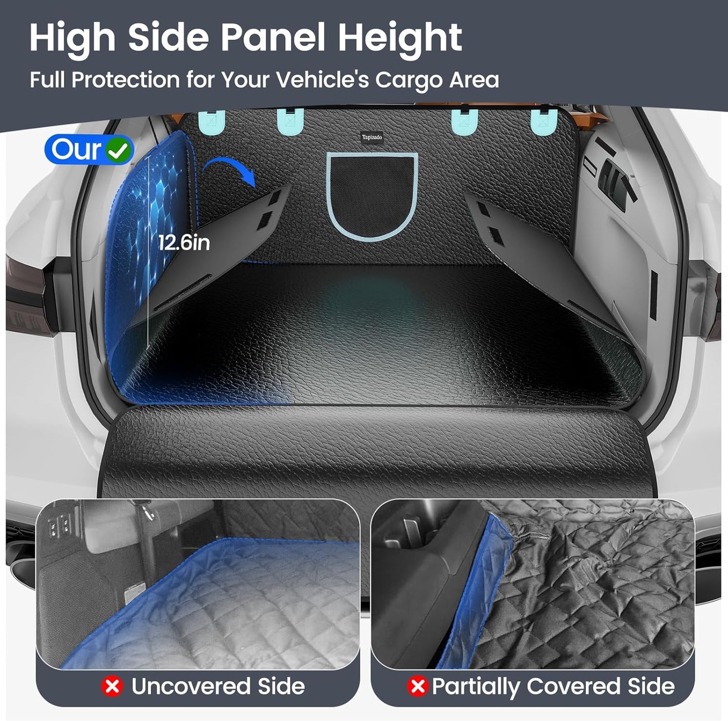 SUV Cargo Liner for Dogs with PU Leather, Waterproof Pet Trunk Cover with Taller Side Panels, Dog Seat Mat for SUVs Vans with Bumper Flap Protector, Non-Slip, Large Size Universal Fit, Black