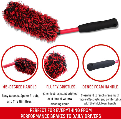 oesee Professional 4 Pack Long Handle Wheel Brush Kit for Cleaning Wheel and Tire- 2X Soft Wheel Cleaning Brush, Detailing Brush and Stiff Tire Brush, Bendable& Durable Wheel Rim Cleaner Brush Set