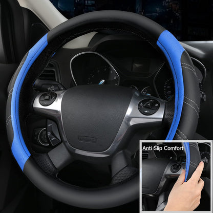 CAR PASS Air Mesh Leather Car Seat Covers Full Set, Waterproof Car Floor Mats, Sporty Steering Wheel Cover 14.5-15in, Universal Fits for 95% Cars Truck SUV (Black and Blue)
