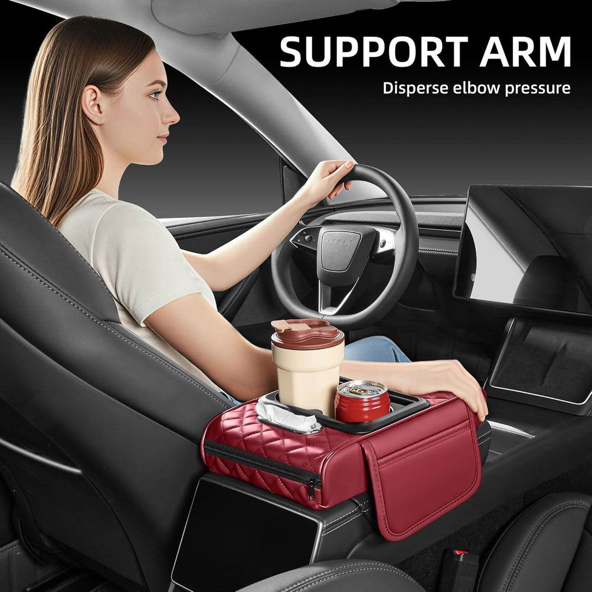 5 in 1 Car Center Console Cover, Armrest Pad with 2 Storage Pockets, Cup Holder, Tissue Slot, Phone Holder, Nappa Leather Memory Foam Car Accessories for SUV Sedan Truck (Black)