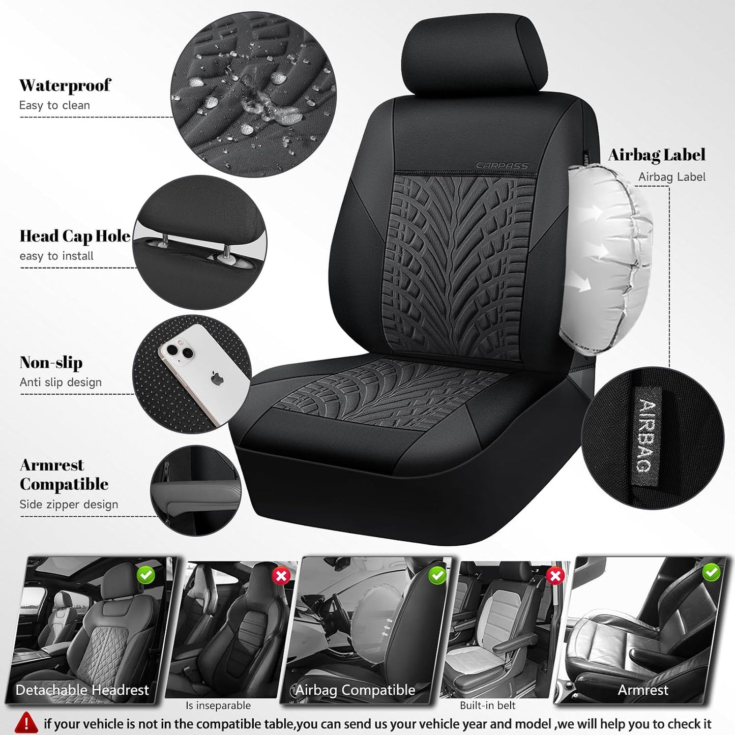 CAR PASS Car Seat Covers Full Sets, Front & Split Rear Bench for Car, 3D Tyre Embossed Automotive Interior Covers, Airbag Compatible, Quick Setup Universal Fit Seat Covers for Car, SUV(Charcoal)