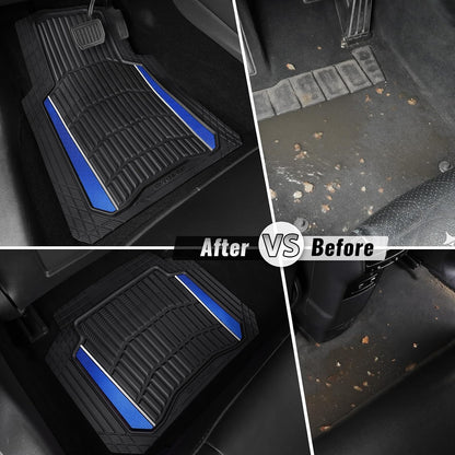 CAR PASS Heavy Duty Rubber Car Floor Mats, Deep Waterproof Car Floor Mats All Weather, Aluminum Film Floor Mats for Cars Non-Slip Universal Trim to Fit for SUVs Trucks Sedans Vans, Black Grey Metallic