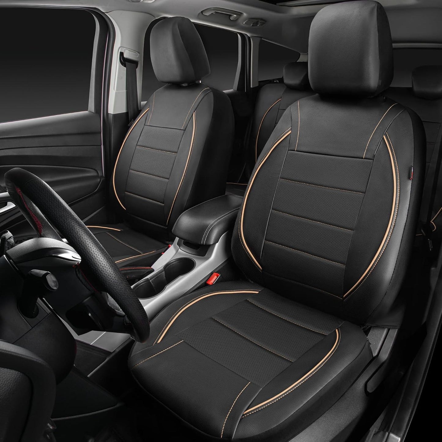 CAR PASS Universal FIT Piping Leather Two Front Seat Covers, Waterproof Faux Leather for SUV Sedan Van Truck, Airbag Compatible,Reserved Opening Holes for Headrest Covers. (Black red)