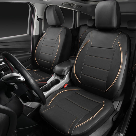 CAR PASS Universal FIT Piping Leather Two Front Seat Covers, Waterproof Faux Leather for SUV Sedan Van Truck, Airbag Compatible,Reserved Opening Holes for Headrest Covers. (Black red)