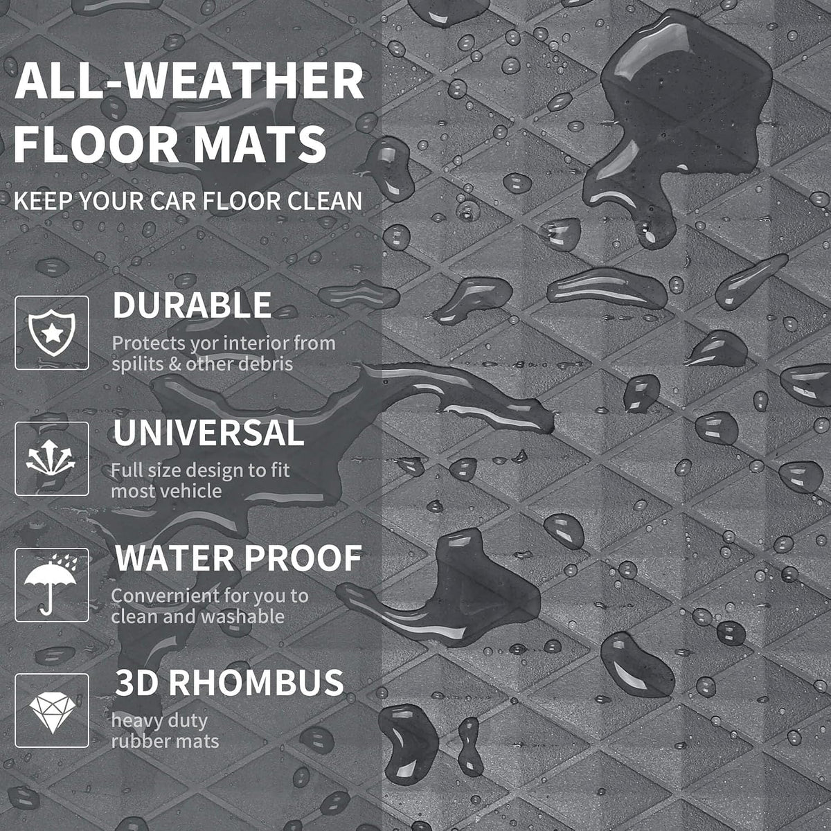 CAR PASS Black Rubber Car Mats, All-Weather Floor Mats Full Set Durable Anti-Slip 3D Rhombus Waterproof Automotive Pad Trim to Fit Liner Universal Fit for Sedan SUV Truck Van, 4 Pcs All Black Rubber
