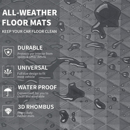 CAR PASS Black Rubber Car Mats, All-Weather Floor Mats Full Set Durable Anti-Slip 3D Rhombus Waterproof Automotive Pad Trim to Fit Liner Universal Fit for Sedan SUV Truck Van, 4 Pcs All Black Rubber