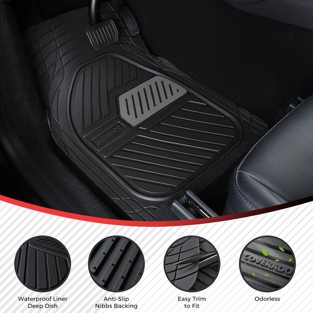 Coverado Car Floor Mats All Weather Waterproof Deep Dish Anti-Slip Car Mats Set, Heavy Duty Rubber Floor Mats for Cars, Universal Trim to Fit Automotive Floor Mats for Cars Trucks SUV, Black&Red