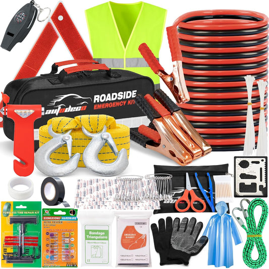 Car Roadside Emergency Kit – Premium, with Jumper Cables, Tow Strap, etc