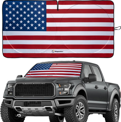 American Flag Windshield Sun Shade, High-Resolution Car Shield with Mirror Cut-Out for Automotive Interior Protection Heat Reduction, Folding Sunshade Storage Bag - Medium, Original