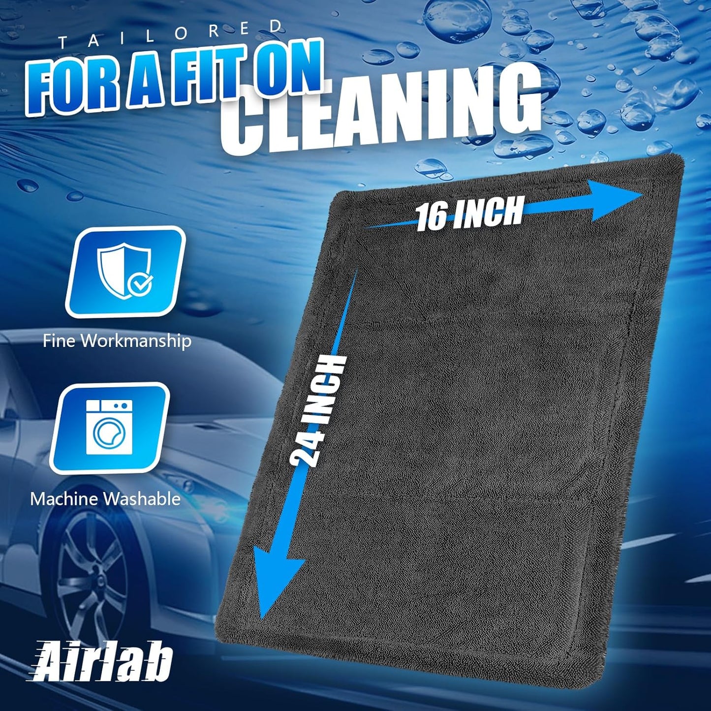 Airlab Microfiber Towels for Cars Wash Drying Thick Plush Cleaning Cloth Auto Detailing Super Absorbent for Interior & Exterior Lint Free, Streak Free, 16" X 16", 800 GSM, Pack of 4