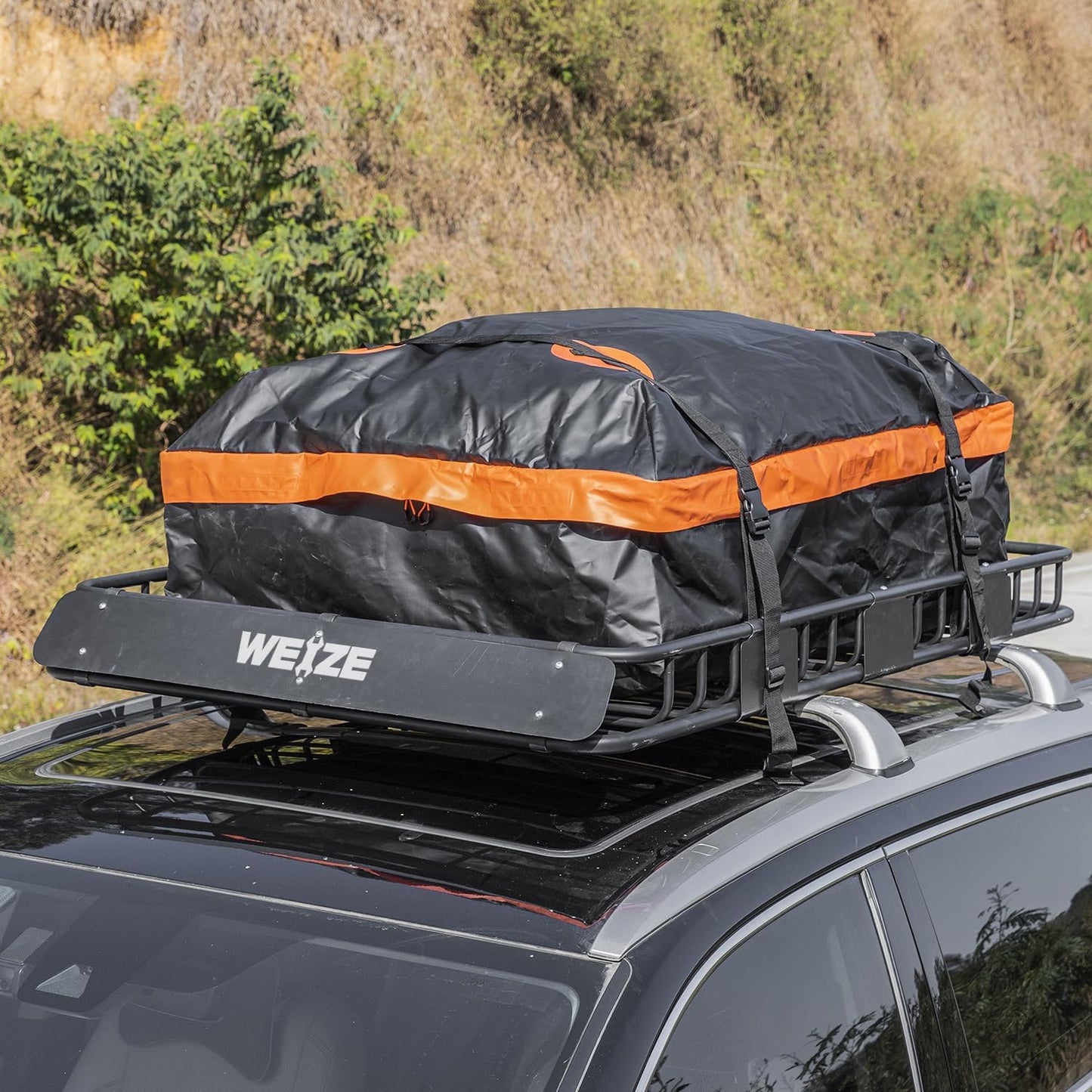 WEIZE 54" x 34" Heavy Duty Roof Rack Basket, 200LBS Universal Rooftop Cargo Basket with Waterproof Bag, Cargo Net & Tie Down Straps, Steel Luggage Holder for Car SUV Truck