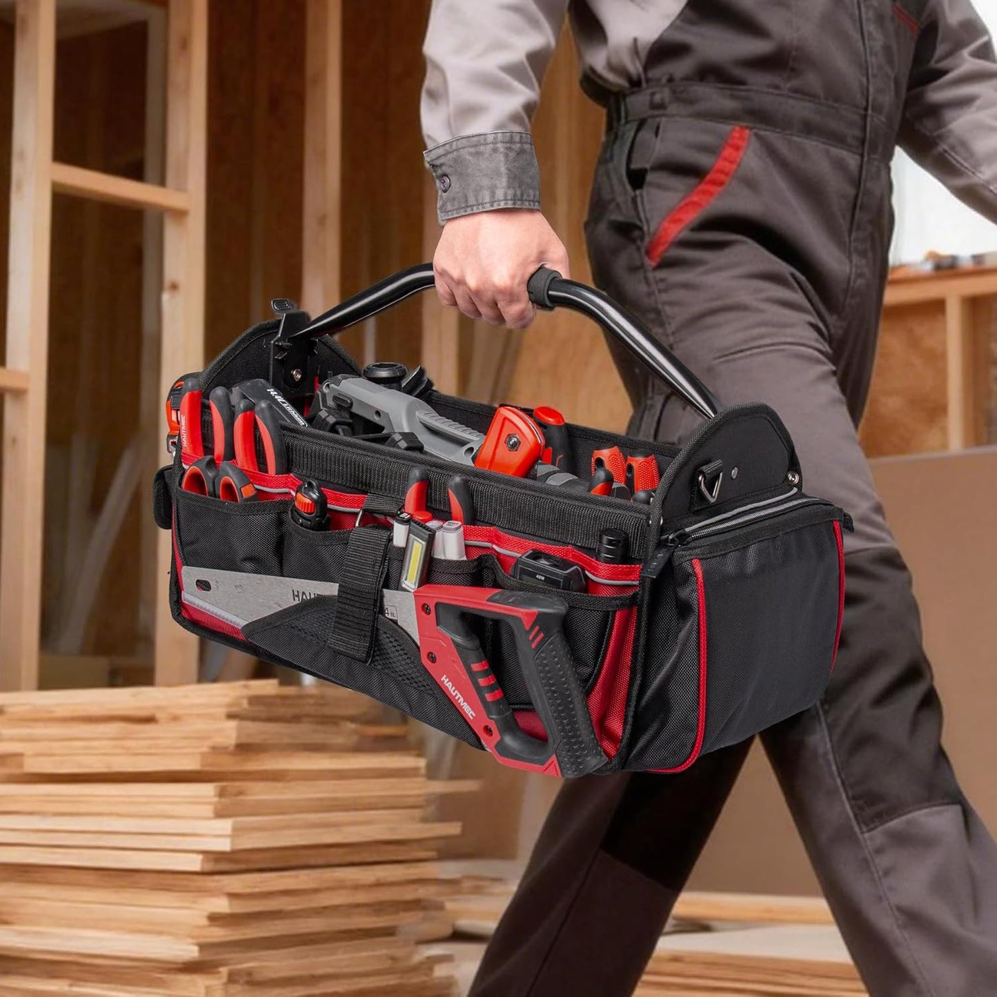 HAUTMEC 13 Inch Tool Bag, Foldable Open Top Tool Bag with Stiff Frame, Heavy-Duty Tool Tote with Padded Handle, Water-Resistant Base, Portable Tool Organizer for DIY & Jobsite Use – TB0001