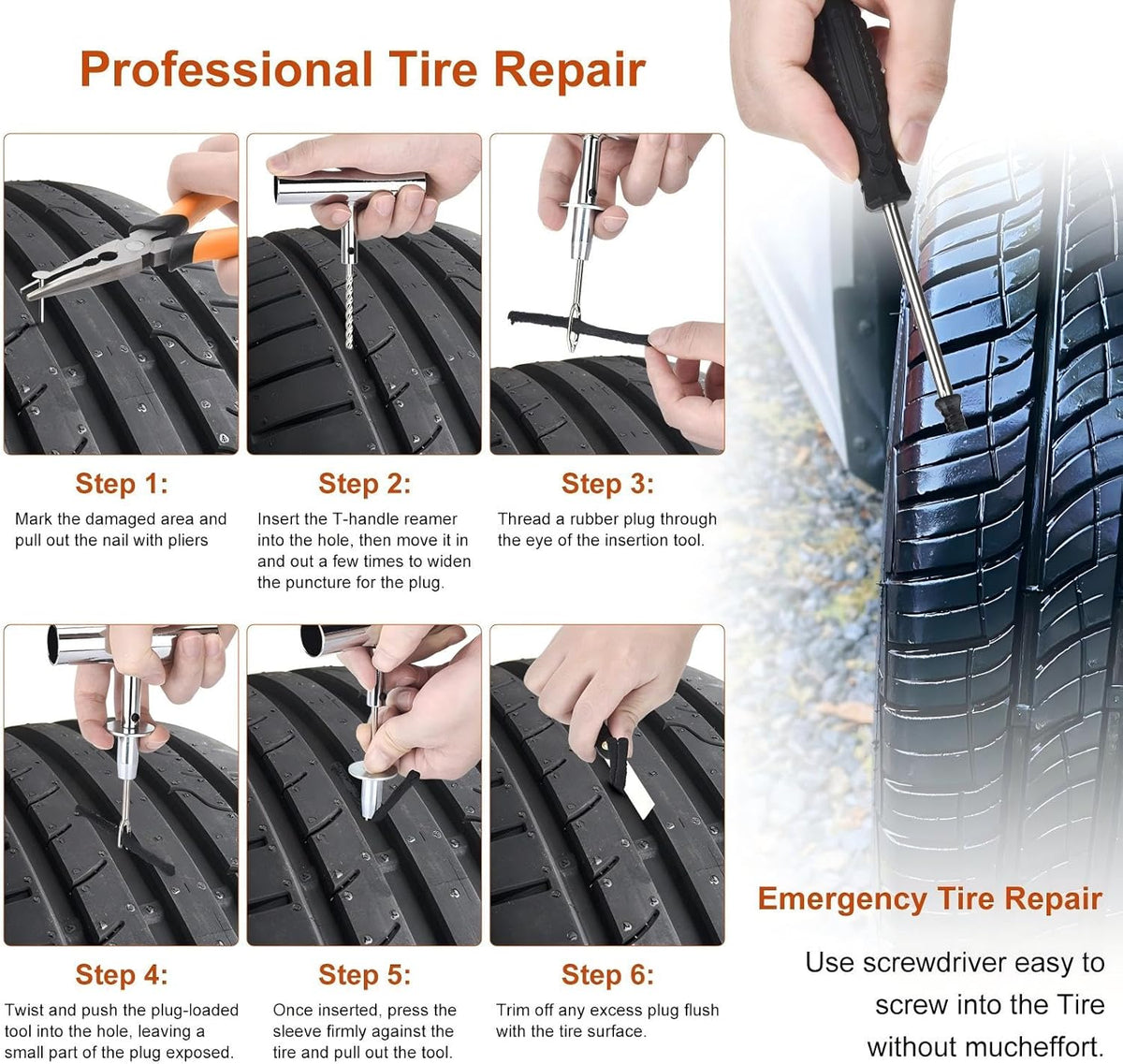 Tire Repair Kit with Tire Plug & Rubber Nail Solutions, Tire Screw Plug Kit with Screwdriver, Professional Heavy Duty Emergency Flat Tire Repair for Car, Truck, Motorcycle, Tractor, Mower, Wheelbarrow