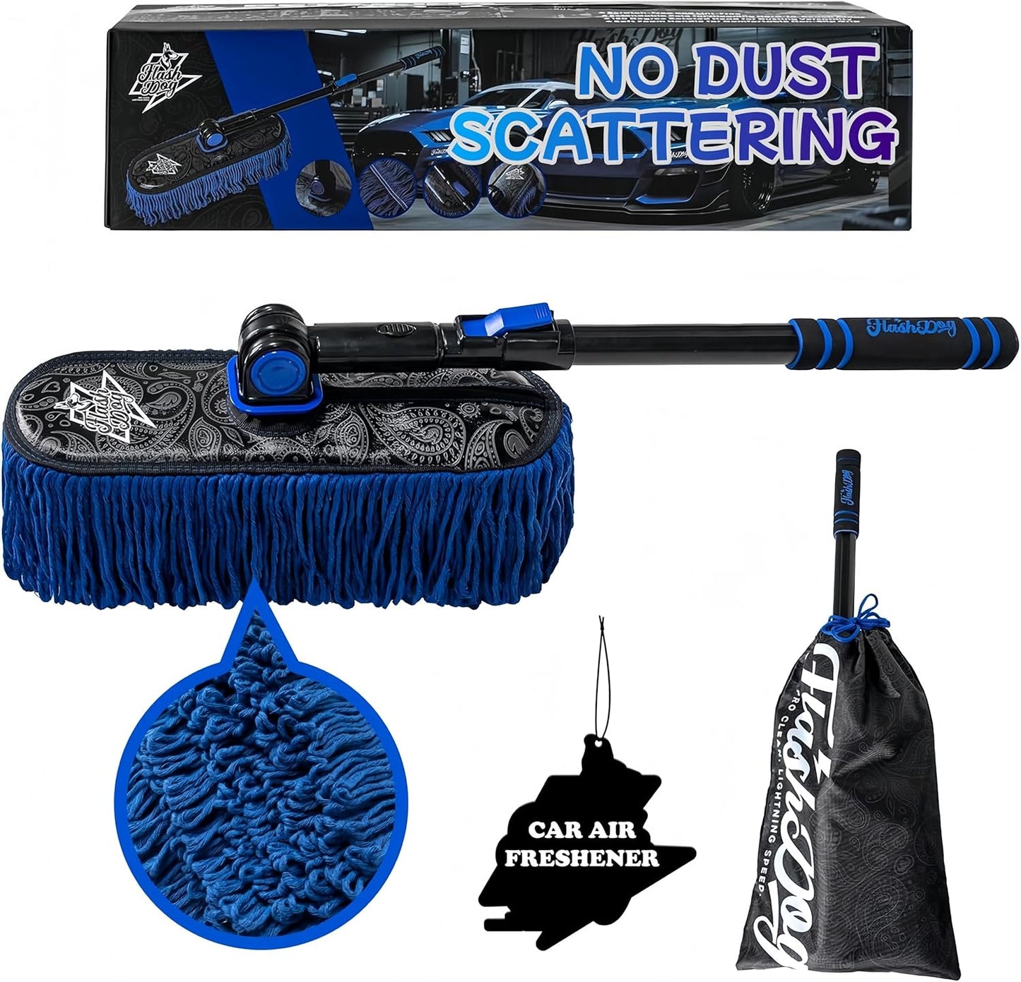 Flash Dog Car Duster Exterior & Interior Duster Aluminum Alloy Extendable Handle and Wax Cotton Strands Scratch-Free Cleaning for Cars, SUVs, RVs | Waterless Dust & Pollen Remover