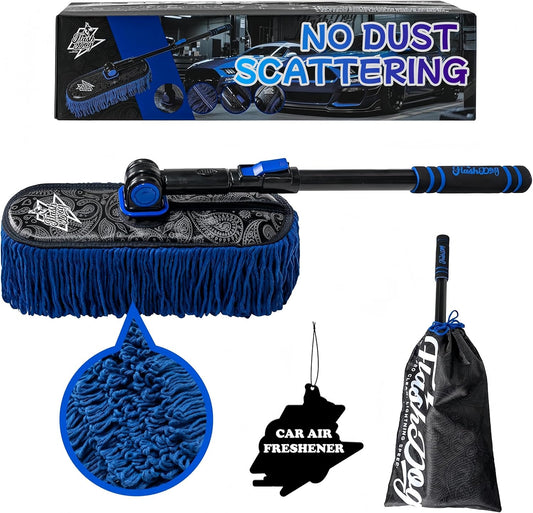 Flash Dog Car Duster Exterior & Interior Duster Aluminum Alloy Extendable Handle and Wax Cotton Strands Scratch-Free Cleaning for Cars, SUVs, RVs | Waterless Dust & Pollen Remover