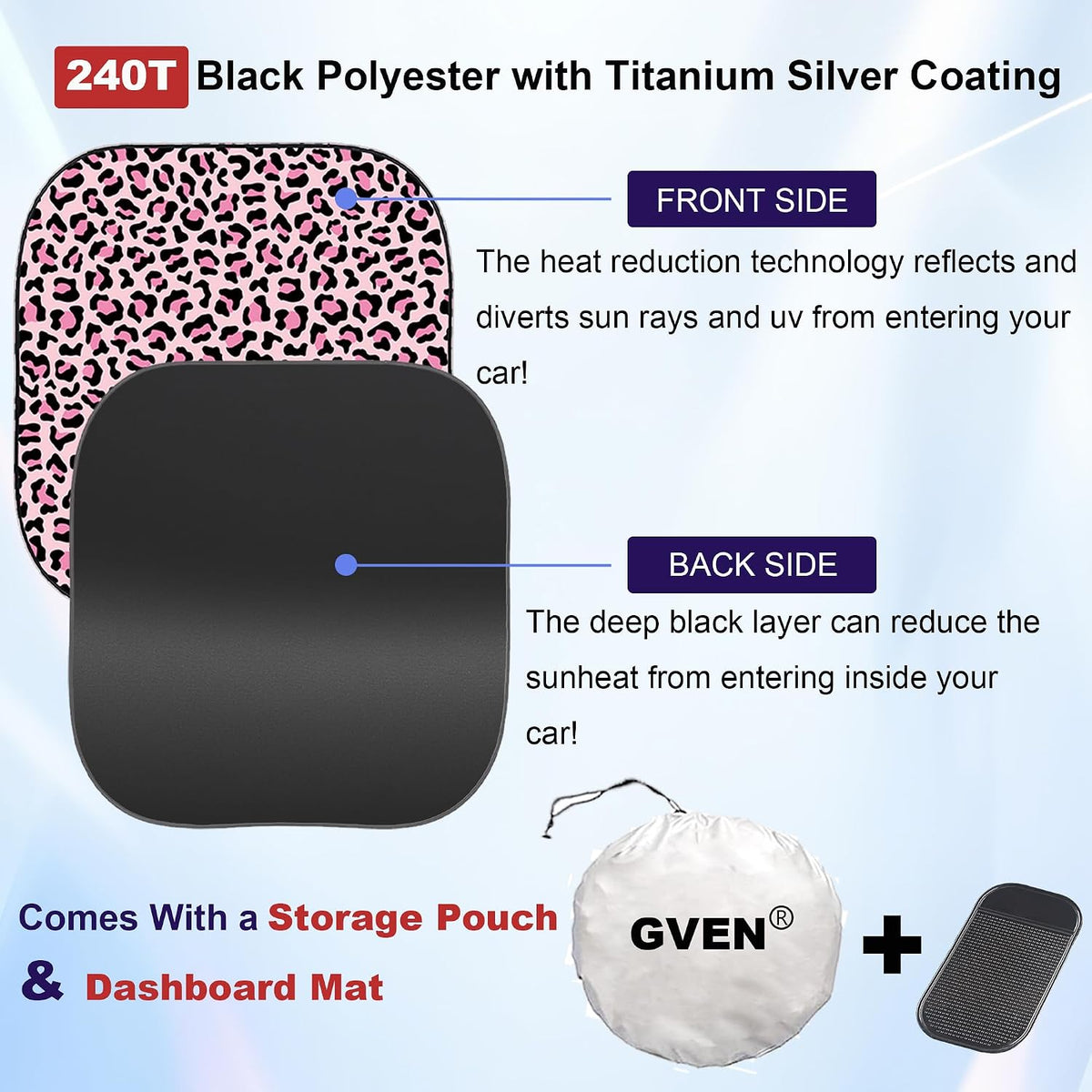 Gven Windshield Sun Shade 2pcs with Bonus Pink Car Sunshade for Front Window Shades 2025 Technology Reflect UV and Heat Sun Visor Automotive Accessories Interior Sun Protection (Pink Leopard, M)