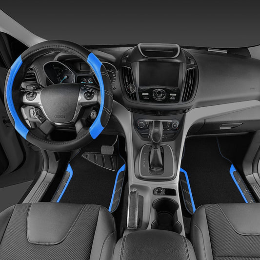 CAR PASS Air Mesh Leather Car Seat Covers Full Set, Waterproof Car Floor Mats, Sporty Steering Wheel Cover 14.5-15in, Universal Fits for 95% Cars Truck SUV (Black and Blue)