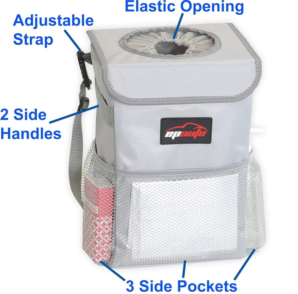 EPAuto Waterproof Car Trash Can with Lid and Storage Pockets, 2.5 Gallon, Black