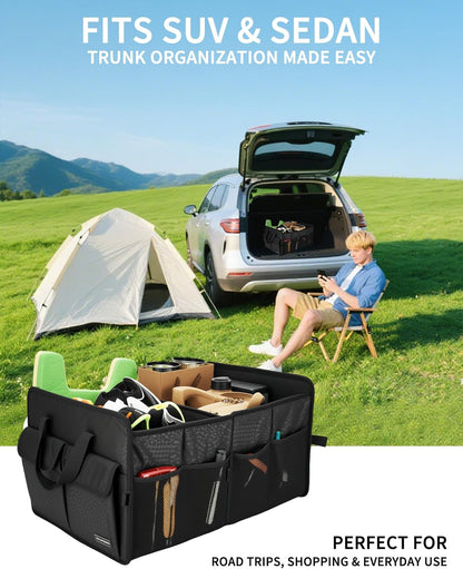 SIBOFUEGO Sturdy Car Trunk Organizer – Large Capacity Trunk Organizer for SUVs & Sedans, Hard-Shell One-Piece Design with Cute Print, Collapsible and Durable Car Organizers (Black Leopard 70L)
