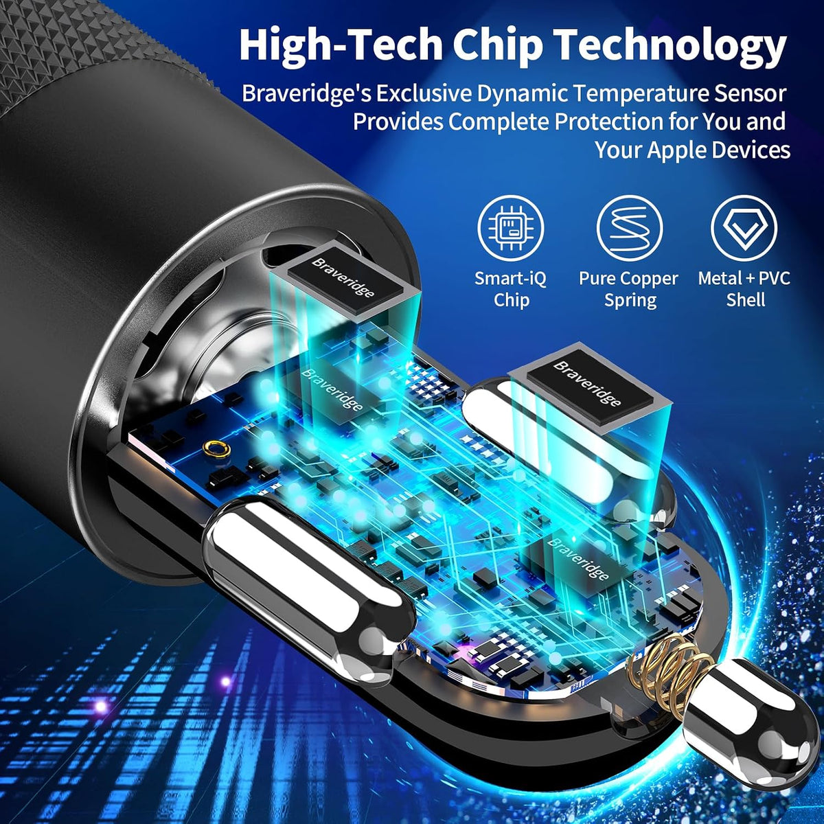 【MFi Certified】iPhone 17 Car Charger Fast Charging, Braveridge 75W USB C PD&QC Car Power Cigarette Lighter USB Charger with 6FT Type C Coiled Cable for iPhone 17/17 Pro Max/16/15/Galaxy S26/S25/Pixel