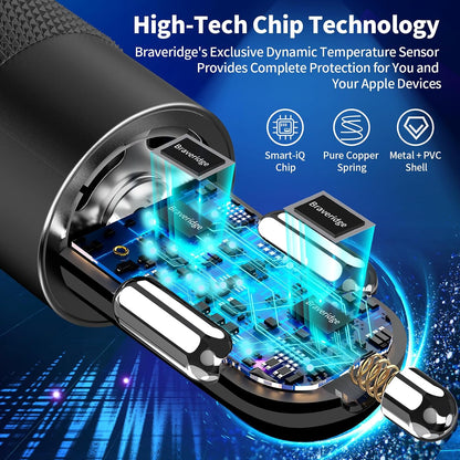 【MFi Certified】iPhone 17 Car Charger Fast Charging, Braveridge 75W USB C PD&QC Car Power Cigarette Lighter USB Charger with 6FT Type C Coiled Cable for iPhone 17/17 Pro Max/16/15/Galaxy S26/S25/Pixel