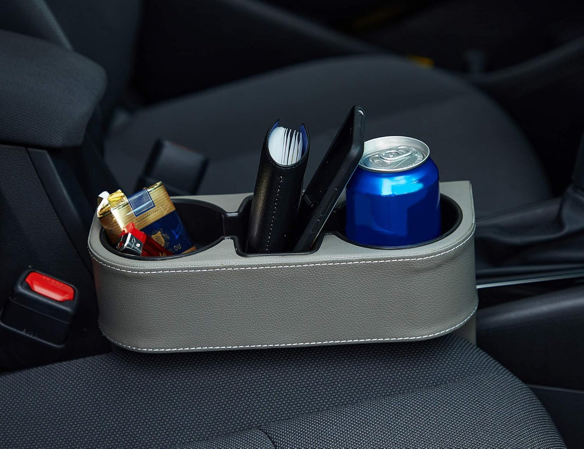 IOKONE Car Cup Holder, Auto Cup Drink Holders，Multifunctional Auto Front Seat Organizer with PU Leather Cover, Gap Filler Storage Box Coin Bucket Console Side Pocket Cell Mobile Phone Holder (Black)