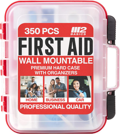 M2 BASICS 350 Piece Professional Wall-Mount First Aid Kit, Home, Business | Dual-Layer Hard Case, Office, Warehouse, Jobsite, Garage, Vehicle, Workplace Safety, Classroom And Emergency Readiness