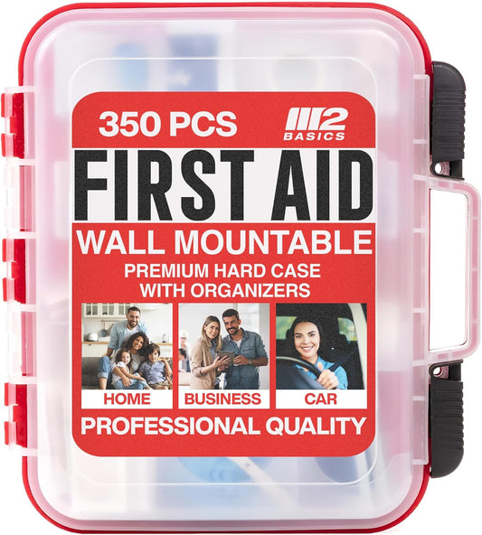 M2 BASICS 350 Piece Professional Wall-Mount First Aid Kit, Home, Business | Dual-Layer Hard Case, Office, Warehouse, Jobsite, Garage, Vehicle, Workplace Safety, Classroom And Emergency Readiness