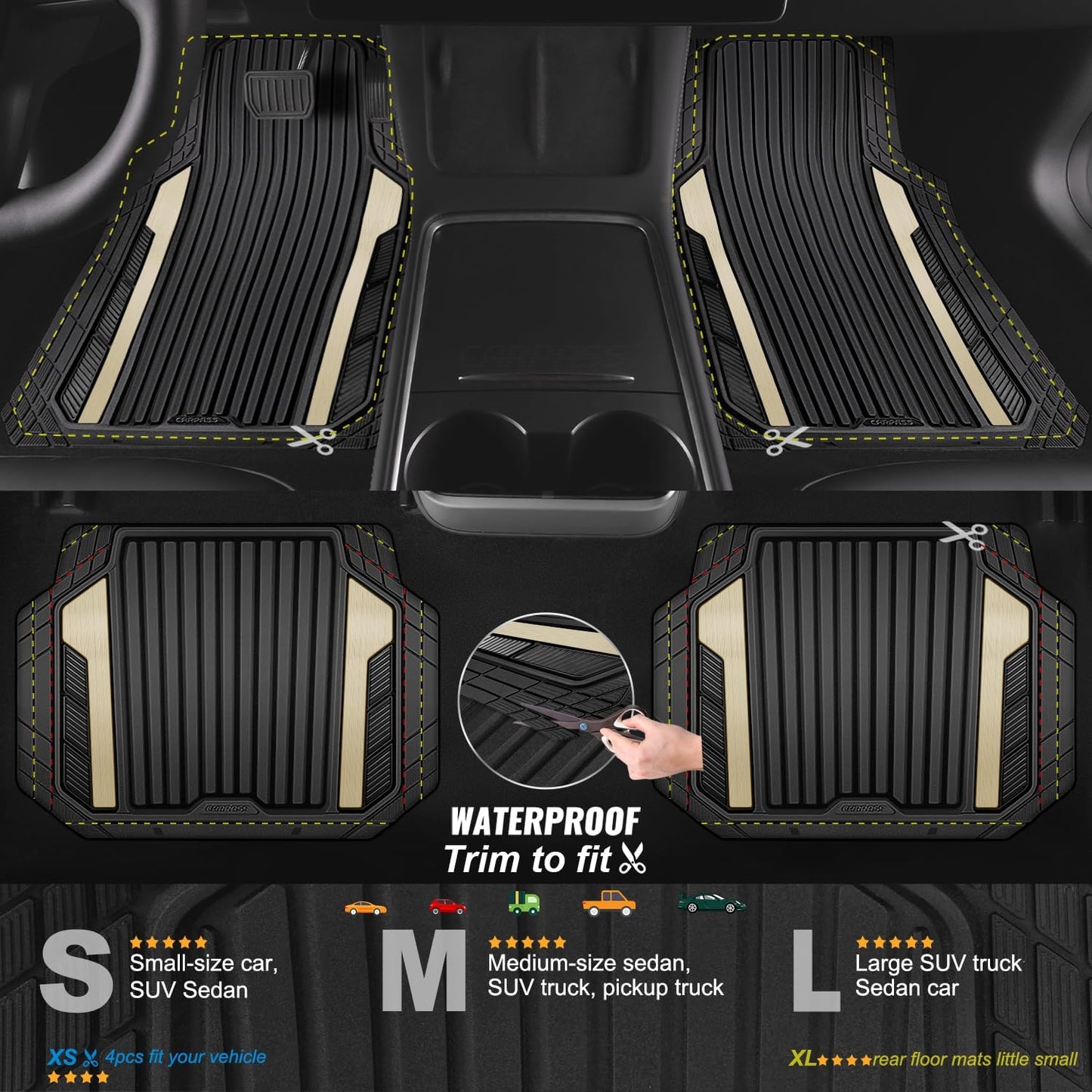 CAR PASS Heavy Duty Rubber Car Mats Metallic, Aluminum Film All Weather Floor Mats Waterproof Universal Trim to Fit Automotive SUV Sedan Van 4 Piece Anodized Deep Dish Two-Tone Sporty Black Red Chrome